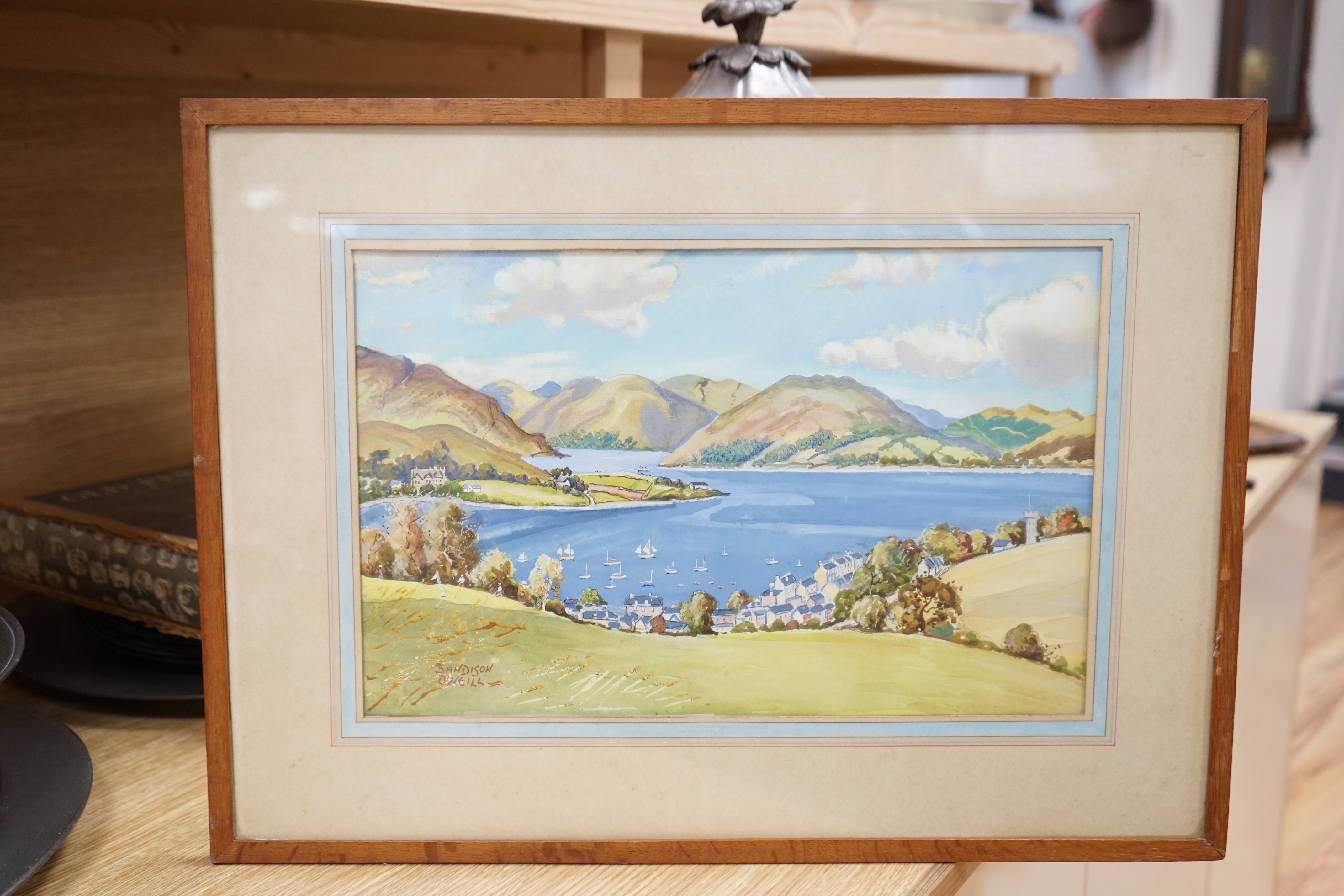 Sandison O’Neill (fl. 1930), gouache, View from Port Bannatyne, signed, Exhibition label verso, 23 x 36cm